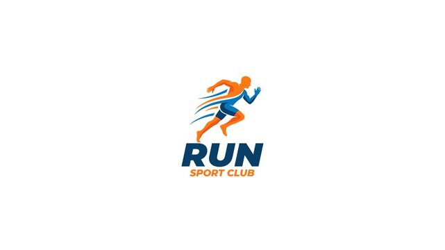 Animated graphic of a runner in motion with abstract streaks, logo animation with text reveal