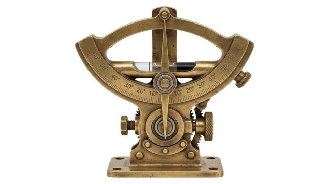Vintage brass nautical clinometer incline measuring instrument isolated on white background.