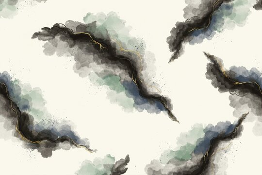 Seamless pattern of flowing dark grey watercolor clouds with thin gold metallic lines and soft green washes on a light cream paper background
