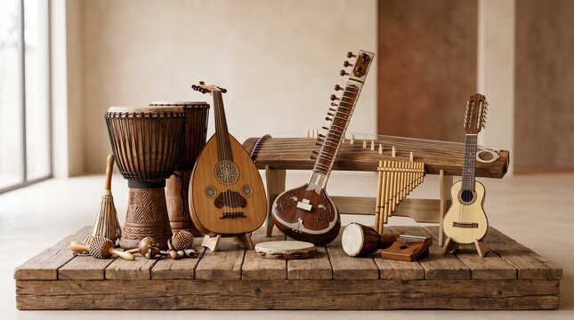 Collection of various traditional musical instruments on a wooden platform
