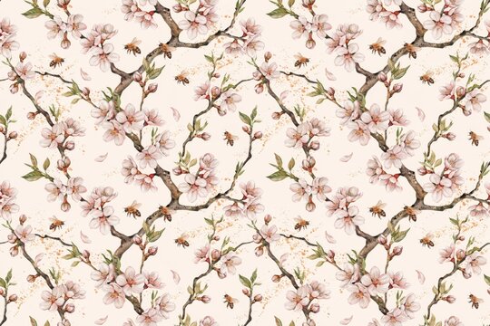 Seamless pattern of blooming cherry blossom branches with pink flowers and flying honey bees on a light cream background, botanical