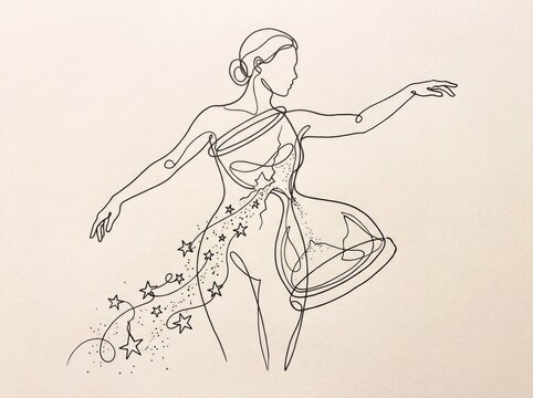 Continuous line art of a woman pouring stars from a broken hourglass shaped like her body, letting go and time concept