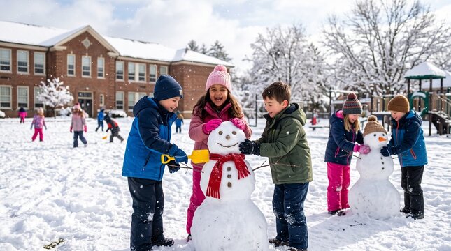 Children joyfully build a snowman together on a snowy schoolyard during winter break