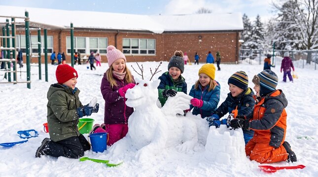 Children joyfully build a snow dragon sculpture and castle on a sunny winter day at school