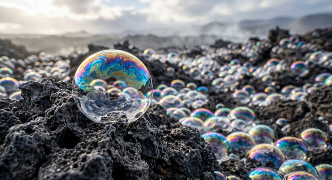 Iridescent soap bubbles resting on dark volcanic rock landscape