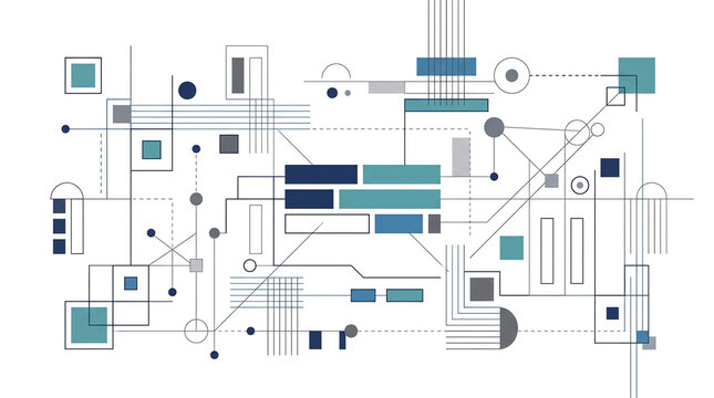Abstract geometric composition with interconnected lines and blue shapes
