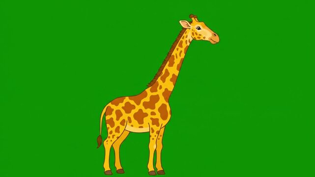 Cute Cartoon Giraffe Standing and Looking Ahead on Green Screen. 4K Video