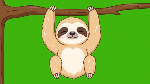 Cute Cartoon Sloth Hanging on Branch on Green Screen. 4K Video