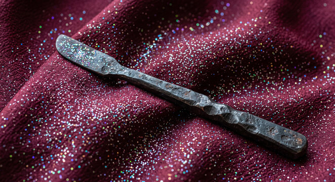Macro shot of a rustic forged iron tool handle on sparkling ruby red fabric background