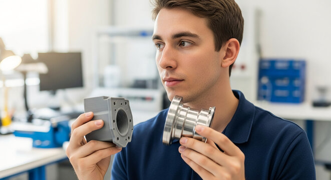 Professional young engineer comparing a 3D printed prototype with a finished metal mechanical part in a modern industrial lab workshop environment.