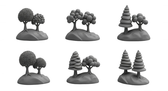 six monochrome miniature forest scenes displayed on white background models for design purposes