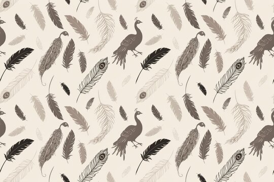Seamless pattern with hand-drawn silhouettes of peacocks and various bird feathers in shades of brown and beige on a light cream background