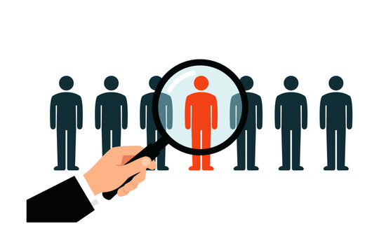 Business recruitment concept showing a recruiter using a magnifying glass to identify a standout candidate among a group, symbolizing talent search, hiring and selection. Vector illustration.