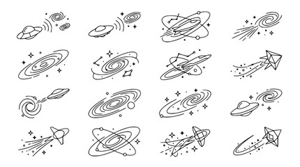 Cosmic doodles: UFOs, galaxies, rockets, stars, and abstract space elements in a minimalist line art style. © Petrik