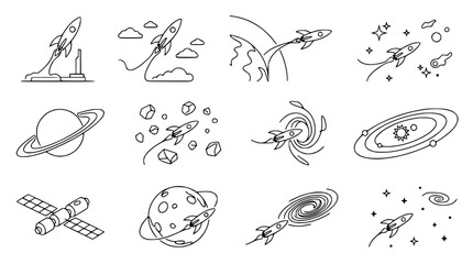 Obraz premium Space Exploration Icons: Rockets, Planets, Galaxies, Satellites, Stars, and Asteroids - Line Art