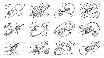 Obraz premium Hand-drawn Space Icons: Rockets, Planets, Stars & UFOs - Doodle Collection