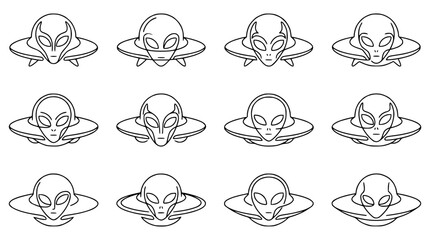 Alien Heads and UFOs - Set of 12 Line Art Icons © Petrik