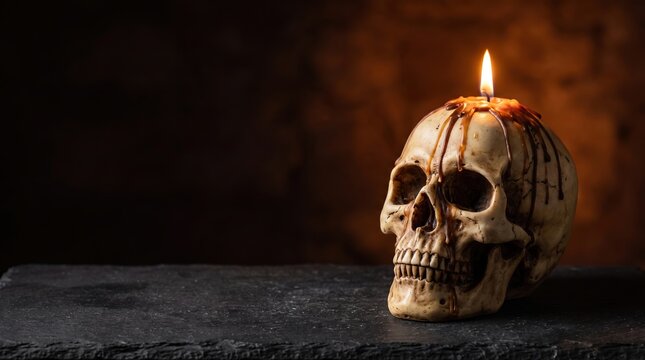 Mysterious human skull featuring burning candle with brown melted wax dripping down its surface, creating eerie atmosphere for dark halloween celebrations and spooky concepts.