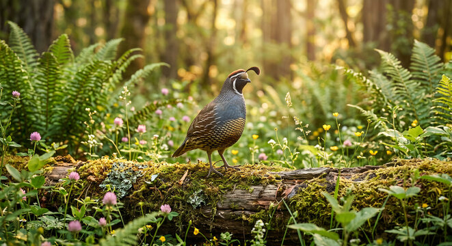 California quail standing on a mossy log in a lush green forest with wildflowers