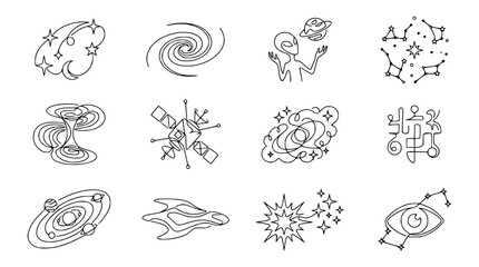 Fototapeta premium Cosmic doodle icons: aliens, galaxies, planets, spacecraft, constellations, black holes