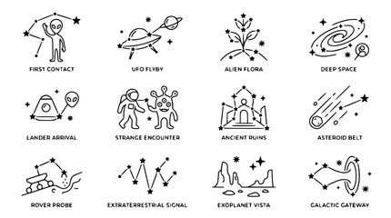 Fototapeta premium Set of Alien and Space Icons: UFO, Astronaut, Alien, Spaceship, Galaxy, Stars, Planets