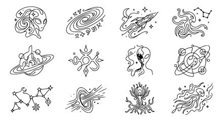 Obraz premium Cosmic Doodle Collection: Aliens, Galaxies, Planets, and Stars - Line Art Icons