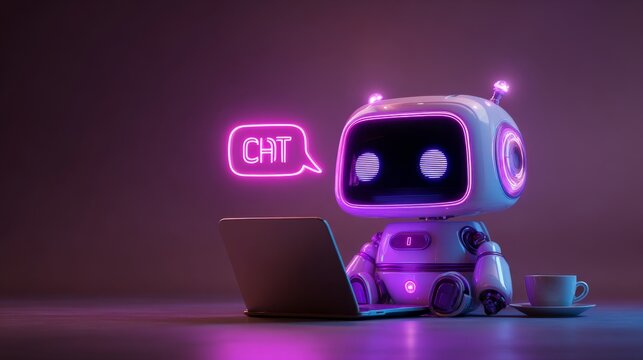 Cute friendly artificial intelligence robot using laptop computer with purple neon glow, futuristic ai chatbot and virtual assistant concept, advanced digital technology, smart automation and machine 