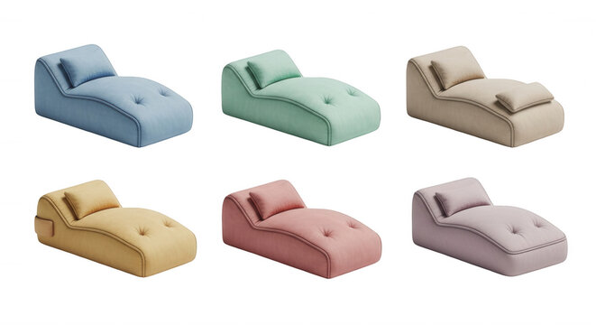 modern colorful chaise lounges on a white background relaxation and interior design elements home decor concepts