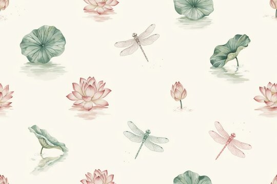 Seamless pattern with watercolor pink lotus flowers, green lily pads, and dragonflies on a light cream background, soft nature