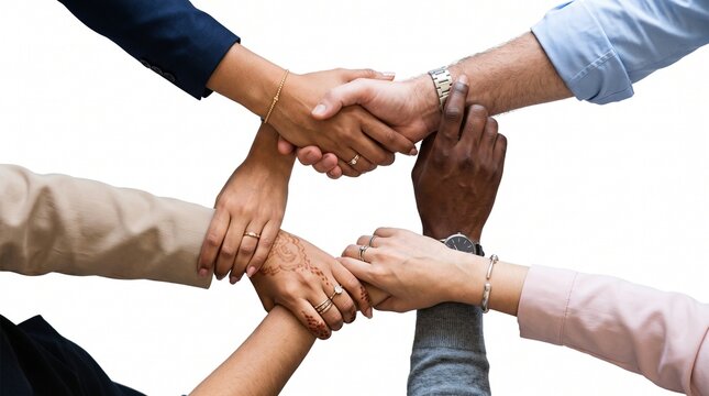 Diverse group of people holding hands in a circle symbolizing unity and teamwork