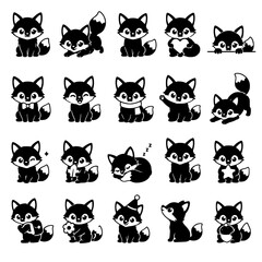 Fototapeta premium A charming collection of cute black and white cartoon fox characters, each displaying various playful poses and expressive emotions, ideal for whimsical designs and creative graphic projects