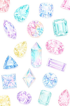 パステルカラーの輝く宝石とダイヤモンドのカットストーン素材セット Set of glowing pastel colored gems and diamond cut stones
