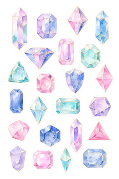 水彩画風のパステルカラーのクリスタルと宝石のイラスト素材セット Watercolor pastel color crystal and gem illustration set
