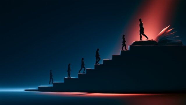Personal Growth, determined professional climbing a series of ascending  toward a brighter future, each step symbolizing self improvement, continuous learning, discipline, resilience, confidence.