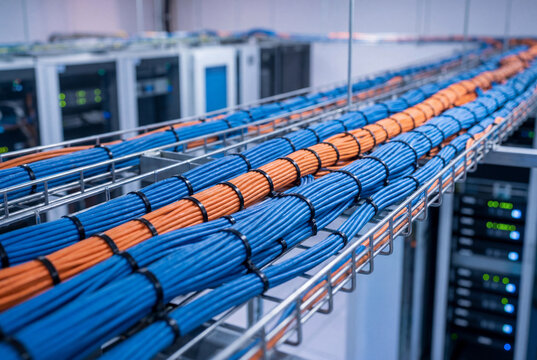 Rows of blue and orange network cables on tray in data center