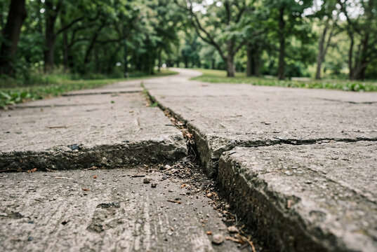 Cracked and uneven concrete sidewalk path running through a green park environment