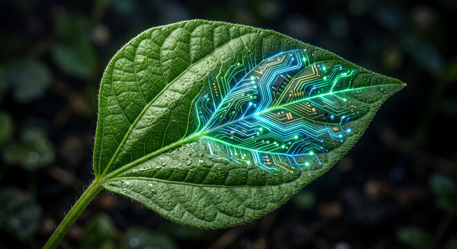 Macro green leaf with water droplet and glowing digital circuitry