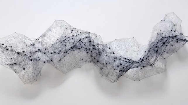 structural network of interconnected points forming a curved grid surface, mesh in light grey lines over white background