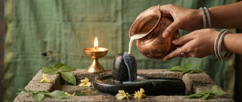 Devotee pouring milk from a copper vessel during a traditional hindu ritual prayer
