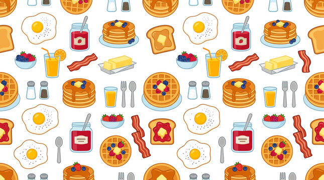 Breakfast food pattern featuring pancakes waffles and fried eggs