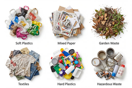 Six distinct piles of categorized household waste materials arranged on a white background