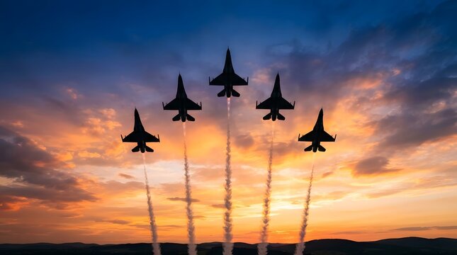 Formation of five military fighter jets flying in the sky during a beautiful golden sunset