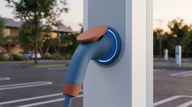 Modern electric vehicle charging station plug docked in a charging pillar in an outdoor parking lot at sunset