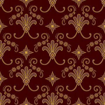 Seamless ornate damask pattern with golden floral filigree on deep red background seamless filigree background wallpaper ornament symmetry decorative backdrop