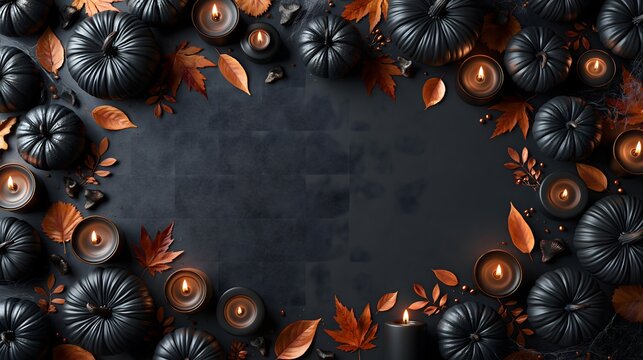 Elegant Halloween background featuring black pumpkins, autumn leaves, dark candles and subtle spider webs arranged around the edges, deep black and warm orange atmosphere, sophisticated luxury