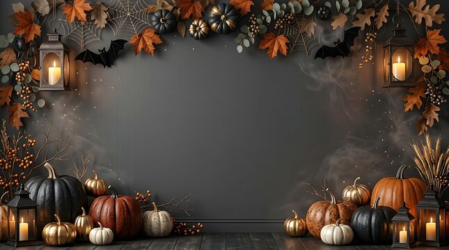 Elegant Halloween Background with Pumpkins and Glowing Lanterns