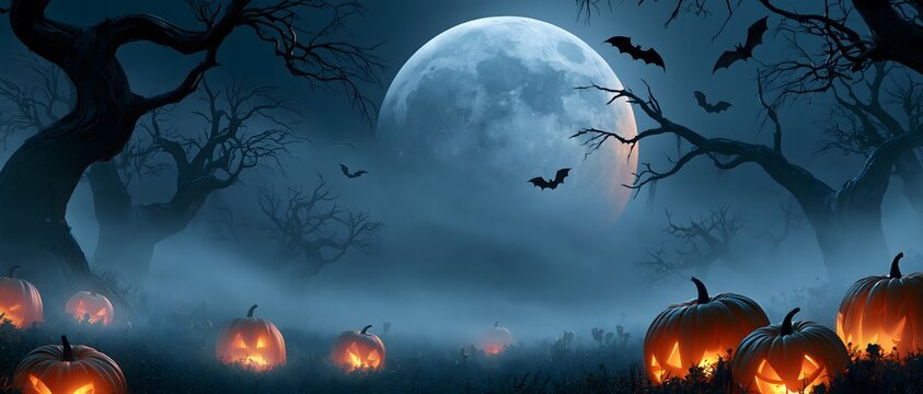 Dark fantasy Halloween background with enormous full moon behind twisted trees, glowing pumpkins scattered across a misty field, silhouettes of bats flying across the sky, dramatic orange and deep