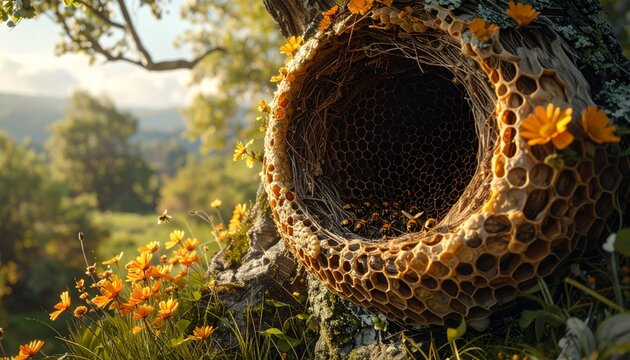 A detailed illustration showcasing a vibrant natural beehive nestled within a rustic tree trunk, surrounded by blooming yellow wildflowers and a scenic, sun-drenched meadow in the background