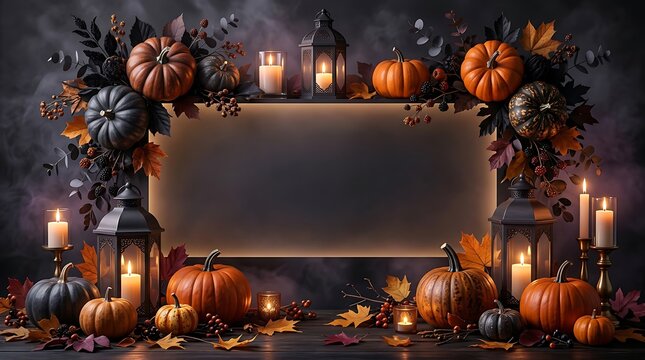 Elegant Halloween background with pumpkins and lanterns framing copy space