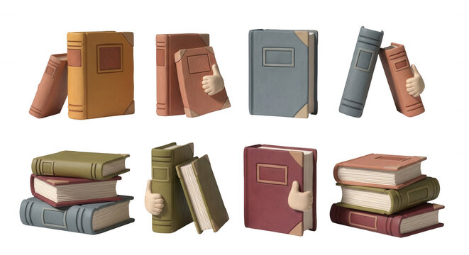 cartoon books with hands leaning on each other or holding the covers on a bright white background education reading
